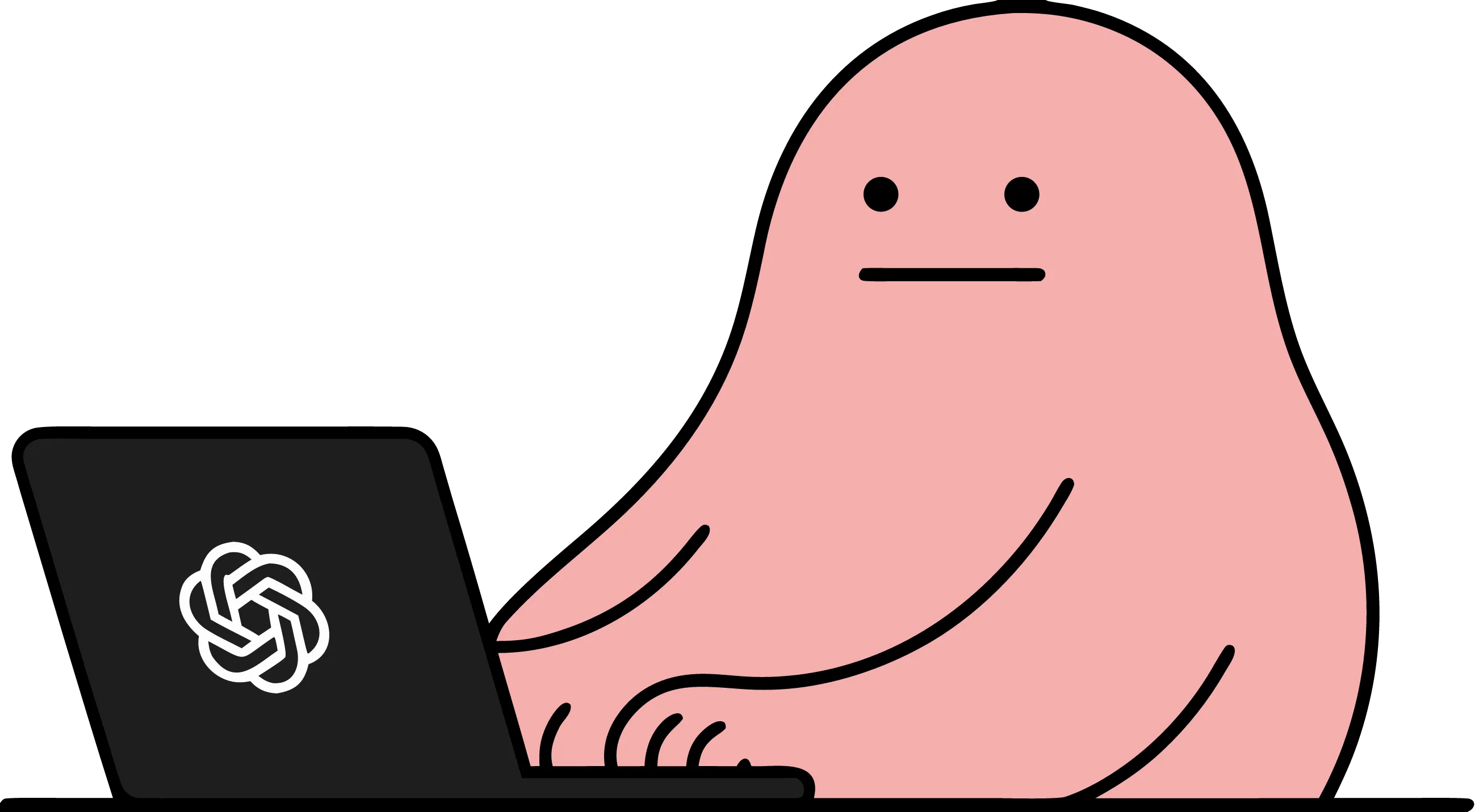 A pink character working at a laptop with the OpenAI logo.